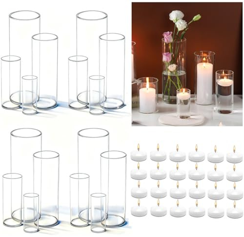 UDU Set of 16 Cylinder Glass Vases and 24 Pcs Floating Candles for Centerpiece, 4,6,8,10 Inch Tall Clear Hurricane Candle Holder Glass Vases for Centerpiece Table Wedding Home Decor