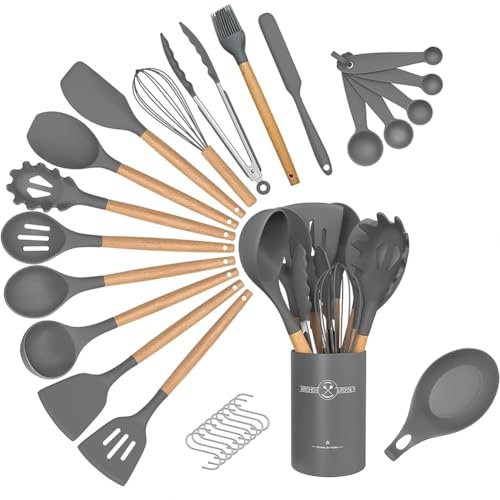 29PCS Kitchen Utensils Set - Nonstick, Heat Resistant Silicone Cookware with Wooden Handle, Spatula Spoon Tongs Set, Kitchen Tools & Accessories for Cooking (Grey)