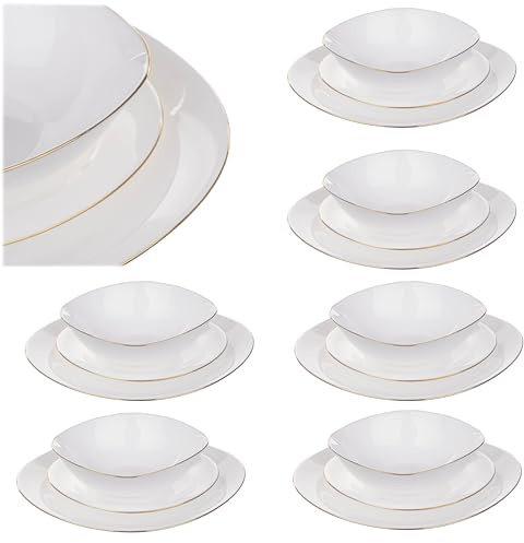 KADAX Set di stoviglie per 6 persone, 18 pezzi, servizio da tavola con piatti fondi, piatti da dessert e piatti piani, stoviglie (bianco/oro)