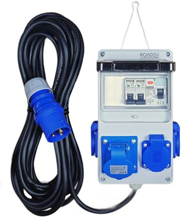 RoadEu - Distribuidor eléctrico portátil 230V monofásico con 3 enchufes Schuko, 1 enchufe CEE 16A 3P, cable de goma 15 m, enchufe CEE 16A – alimentación para camping, autocaravanas, barcos.