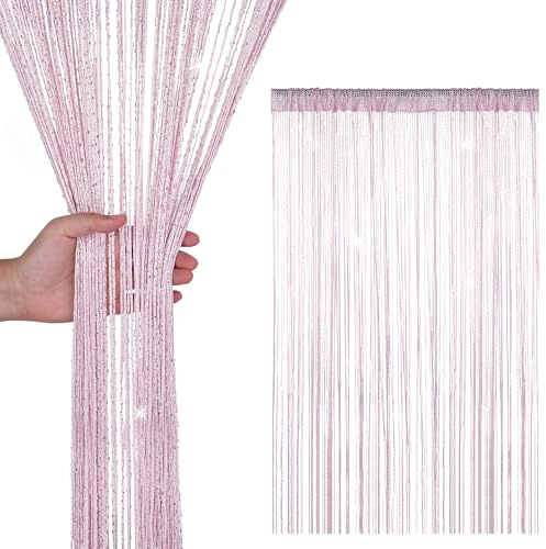 Rideau à fils pailletés - 200 cm x 90 cm - Moustiquaire à franges pour portes, fenêtres et séparateur de pièce - Rideau à pompons spaghetti pour décoration d'intérieur et d'événement (rose)