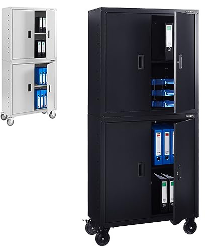 AREBOS Meuble de Bureau | Noir | 195 x 40 x 90 cm | Lot de 2 | 4 Portes | avec roulettes | Tablettes réglables en Hauteur | avec Serrure à Cylindre