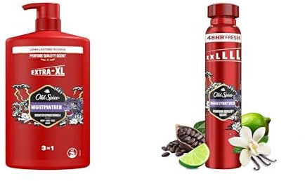 Bundle of Old Spice Night Panther Men’s Shower Gel & Shampoo 1000ml Multi-Use 3-in-1 Hair-Face-Body Wash. Long Lasting Fresh, Perfume Quality Scent + Nightpanther Spray 250ml