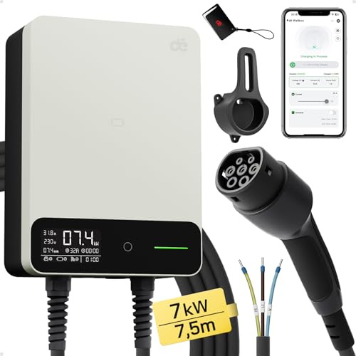 dé Borne de Recharge Véhicules Électrique 7,4kW APP[6-32A, Monophasé] Wallbox 7kW avec Câble Recharge Type 2 7,5m, RFID, Borne de Recharge avec RCD Type-B et IP54 pour E-208 et Autres BEV/PHEV, Blanc