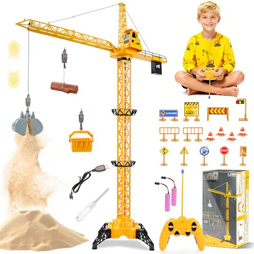 MOMOSTAR Grue Telecommandée, 2,4 GHz RC Grue à Tour Enfant, 128cm Gruejouet avec lumières et Sons, Jeu de Chantier 680° Rotation, Cadeaux pour Enfants Garçon 5 6 7 8 9 Ans