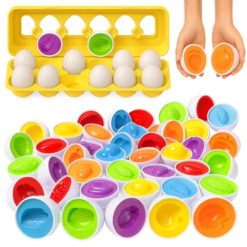 Toyana Baby Matching Eggs Toy in Box, 12 Eggs 24 PCs Shape & Colour Sorting Puzzle, Fine Motor Skills Toy, Educational Sensory Learning Preschool Toddler Montessori Easter Gift Play Set for Boys Girls