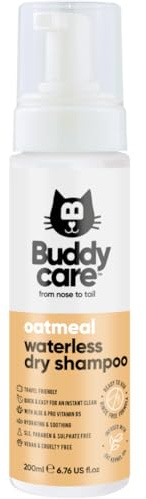 Shampoo Sec sans rinçage à l’Eau d’Avoine pour Chats Buddycare | Shampooing nettoyant en Profondeur pour Chats | Parfum Frais | À l’Aloe Vera et à la provitamine B5 (200 ML)