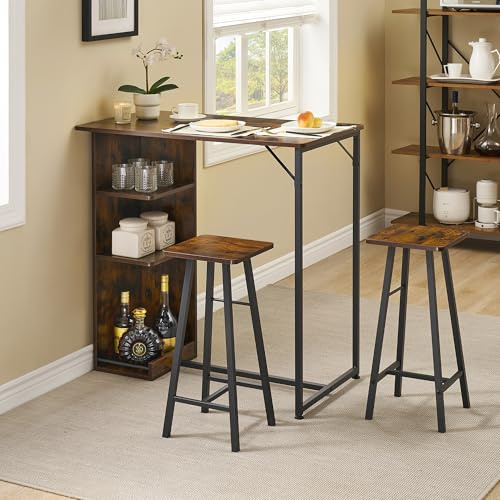 CherishCradle Ensemble Table et Tabourets de Bar 3 Pièces avec Étagères, Table Compacte pour 2 Personnes Idéal pour Cuisine, Salon ou Salle À Manger, Style Rustique