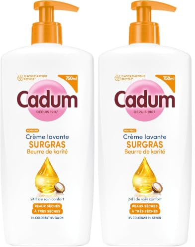 Cadum Crème Lavante Surgras Beurre de Karité & Huile d'Amande Douce Bio - Peaux Sèches -39% Sécheresse - Formule Hypoallergénique pH Neutre Sans Savon - Toute la Famille dès 3 ans (Lot de 2)