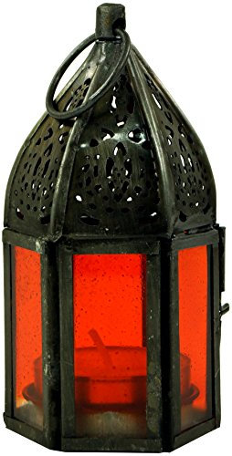 GURU SHOP Orientalische Metall/Glas Laterne in Marrokanischem Design, Windlicht Klein, Orange, Farbe: Orange, 11,5x5x5 cm, Orientalische Laternen