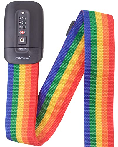 OW-Travel Personalised Luggage Straps with Locks for Suitcases (1 Pack Rainbow) Easy to Spot TSA Suitcase Straps with Luggage Labels. TSA Approved Locks Bag. Lockable Travel Belt