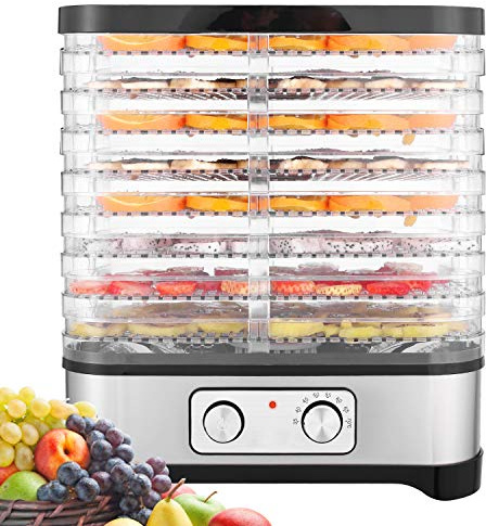 Meykey Deshidratador con regulador de temperatura, deshidratador para alimentos, carne y fruta, deshidratador, sin BPA (5 pisos/370-450 W) (8 bandejas/botón), color plateado