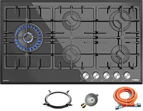 Phönix PG-905L Gaskochfeld Einbau Kochfeld Glas Gaskocher 5 flammig autark (freistehend- / Einbau- Gaskochfeld) inkl. Gasschlauch-Regler Set für Propangasflaschen