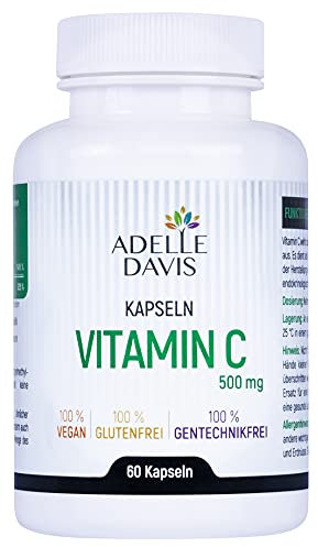 Adelle Davis® Vitamin C 500 mg Hochdosiert, 60 Kapseln - 1 Kapsel pro Tag = zwei Monatsvorrat, Pharmazeutische Qualität, Vegan, Gentechnikfrei, Soja und Glutenfrei