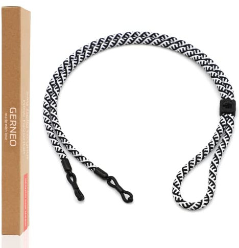 GERNEO® – DAS ORIGINAL – Florenz – Premium Brillenband für Sonnenbrillen & Lesebrillen Zebra mit Schwarz Halterungen – verstellbar mit Kabelzug & Logogravur