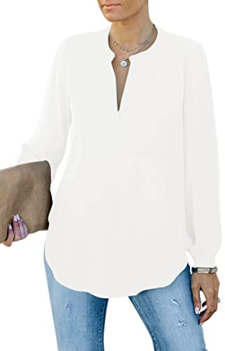 Homlan Blusa Elegante para Mujer, Cuello en V, Manga Larga, Informal, túnica, Camiseta de Manga Larga, Monocolor, Suelta, Blanco, XL