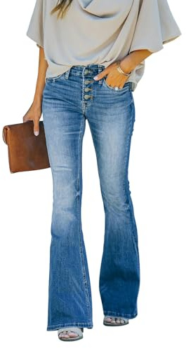 KUNMI Women's Flare Bell Bottom Jeans High Waisted Wide Leg Bootcut Jeans Stretchy Denim Pants, Bb006-blue, 12