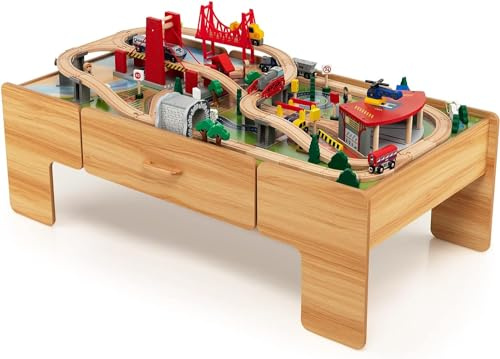 Train Table, Wooden Kids Activity Desk with Storage, Multicolor Pieces, Tracks, Cars, Toddler Toy Play Set w/Reversible Tabletop (100PCS, With Drawer)
