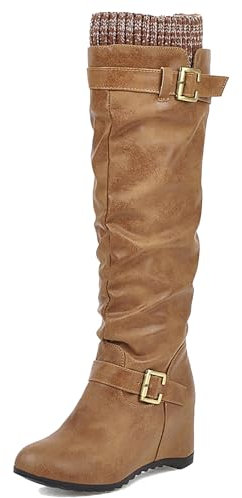 Joliss Donna Stivali Alti Moda Maglieria Cuff Stivali con Imbracatura Warm Inverno Knee Stivali Punta Rotonda Zip Stivali Al Polpaccio con Fibbia Giallo Numero 36 EU