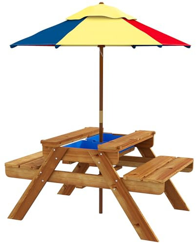 Outsunny Kids Picnic Table 3 in 1 Sand Pit Table Wooden Garden Furniture Bench Sand and Water Pit, with Removable Parasol, for Ages 3-6 Years Outdoor