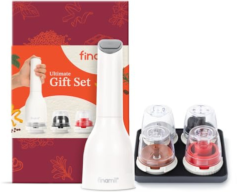 FinaMill Ultimate Gift Set – Battery Operated Spice Mill with 4 Interchangeable Spice Pods & Slate Quartet Stackable Tray, Adjustable Coarseness, Ceramic Grinder, LED Light, Home and Kitchen Gift Set