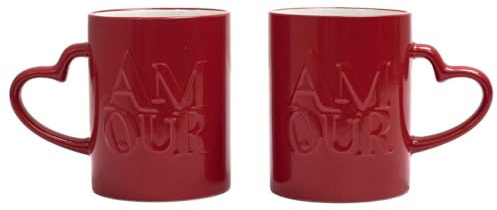 The Concept Factory, KA0385, Amour Mug X2 in Ceramica Resistente, Design Romantico con Scritta Love, Perfetta per Le Coppie, di Facile Manutenzione, capienza generosa, Rosso, 300ml
