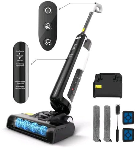aspirapolvere lavapavimenti senza filo lavasciuga lava e aspira pavimenti Autopulente | Autonomia 45' | Anti-intreccio capelli | Disinfezione elettrolitica | 1.15L Doppio Serbatoio