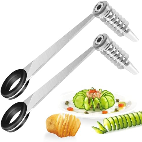 Galenecx 2 Stück Piranha Spiral Cutter, Spiralschneider Edelstahl, Kartoffel Spiralschneider für Kreative Obst und Gemüsezubereitung, Ideal für Gurken, Karotten, Zucchini und Äpfel