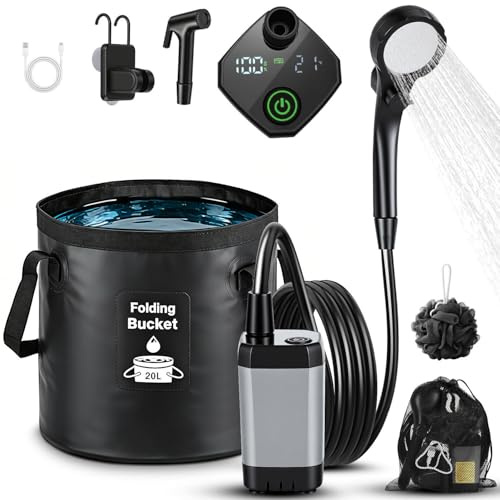 Jaxguom Campingdusche Tragbare mit 6000mAh Wiederaufladbar Pumpe, Camping Dusche mit 20L Falteimer und Zubehör für Outdoor Reisen, Garten, Autowaschen, Haustier