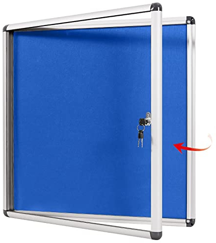 SWANCROWN Lockable Notice Board 670x720mm, Blue Felt Bulletin Board, 6xA4 | Tamperproof, Security Lock, Wall Mount, Aluminium Frame, Notice Boards for Office, Home, School, Commerce Community, Store