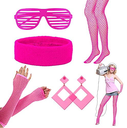 LAMEK 5 TLG 80er Jahre Kleidung Damen Neon Party Outfit 1980s Accessoires 80s Kostüm Set Partyzubehör mit Strinband Ohrring Brille Netzstrumpf Netzhandschuhe für Frauen Karneval Flasching