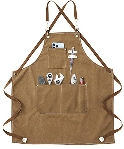 Tablier de Travail Hommes/Femme, Outil Tablier de Cuisine Sangle Ajustable Toile avec 3 Poches, Tablier d'Atelier de Menuiserie pour Barbeque Baker Menuiserie Tatoueur Barber Barman Peintre - Marron
