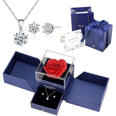 Youery Eternal Rose Set,Regalo Originale per Donne,Scatola di Gioielli Eternal Rose con Collana e Orecchini,Regalo di Compleanno,San Valentino,Festa della Mamma,Anniversario,Natale