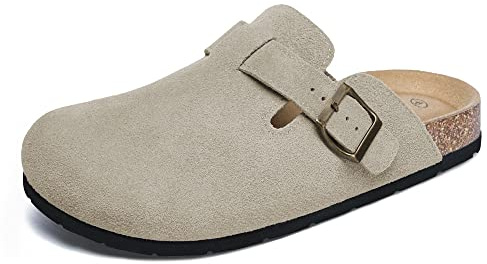 Xiakolaka Women's Suede Clogs Adjustable Buckle Slip on Footbed Home Clog Slippers Beige Size 6