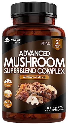 Mushroom Complex - Lions Mane + Cordyceps Chaga Reishi Shiitak,Maitake Mushroomss Blend - High Potency Supplement - Made in The UK - 120 Tablets