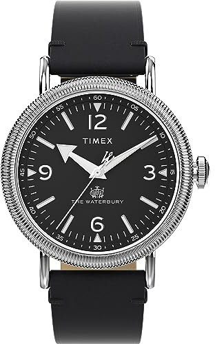 Timex Waterbury Herren-Armbanduhr, 40 mm, schwarzes, zweiteiliges Lederarmband mit Schnellverschluss, schwarzes Zifferblatt, silberfarbenes Gehäuse TW2W20200