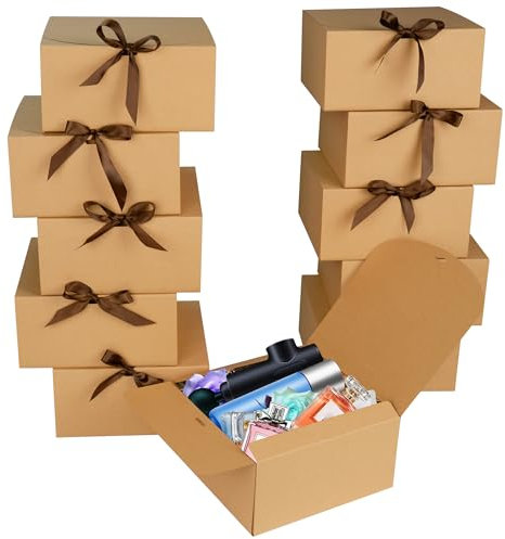AWCIGG 12 Stück Geschenkbox Kraftkarton, 20 x 20 x 10 cm Große Braune Geschenkkarton, Geschenkboxen mit Deckel und Bändern für Feiertage Weihnachten Hochzeiten Geburtstage Geschenkverpackung