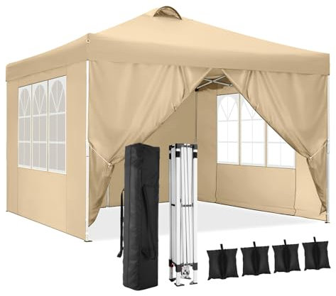 TOOLUCK Pavillon 3x3 Wasserdicht Stabil Winterfest Faltpavillon Partyzelt Faltbar Zelt Pop Up Gartenpavillon mit Entlüftung, 4 Seitenteilen, 4 Sandsack, Khaki