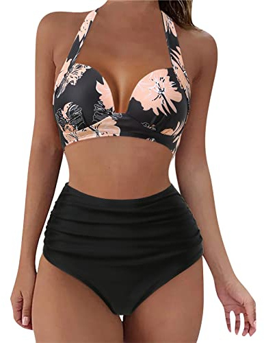High Waisted Bikini Set with Cover up, Quick Dry Womens Swimming Costumes, Mid Waisted Women Vintage Underwire Swimsuit Two Pieces Halter Ruched Bikini Warehouse Deals Clearance Essentials Pink