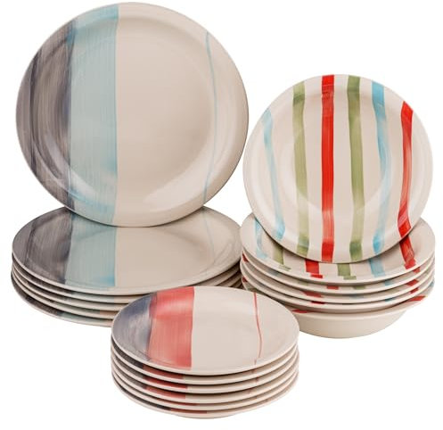 Baroni Home Vajilla de 18 piezas de cerámica, juego de vajilla decorada para 6 personas, plato hondo, llano, fruta o postre (Estilo rayas)