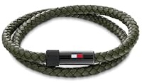 Tommy Hilfiger Jewelry Braccialetto da Uomo con Pelle Intrecciata Verde a Doppio Giro - 2790611S