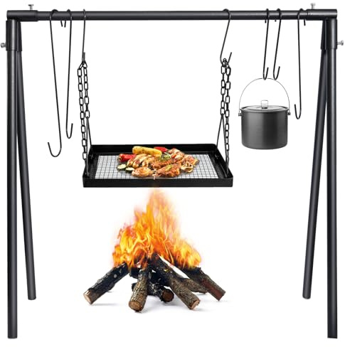 HONYTA Campfire Swing Cooking Grill Stand, Collapsible Campfire Cooking Rack with Adjustable Iron Grill Grate and Hooks for Outdoor BBQ Picnic Cookware Party Dutch Oven