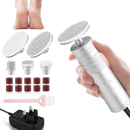 Kredioo Electric Foot File, Hand Foot Callus Remover, Powerful Manicure Pedicure Grinder for Cracked Heels, Corns, Dead Hard Dry Skin, with 4 Nano Glass Grinding Head, Clean Brush, UK Plug