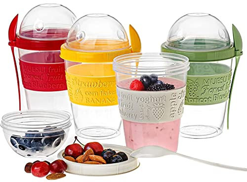 GEEZY Single Breakfast Pot with Lid and Spoon - 2 Compartments, On-The-Go, Leak Proof, Dishwasher Safe, BPA Free - Yoghurt Pots Porridge Container Breakfast Jars Overnight Oats Container Granola Pots