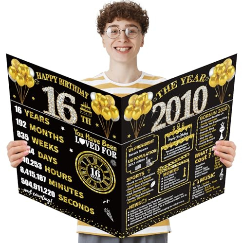 Kuxriox Large 16th Birthday Card With Envelope, Black Gold Happy 16th Birthday Giant Guest Book Gifts for Men Women, Giant Sixteen Bday Card Gifts Party Supplies, The Year 2010 Jumbo 16 Bday Card