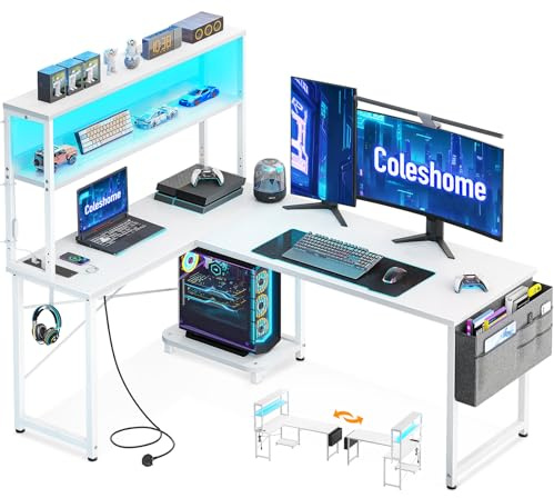 Coleshome L Shaped Gaming Desk with LED Lights & Power Outlet, 135 × 100 cm Reversible Computer Desk with Shelves, Corner Desks with Storage Bag & Hook for Home Office, White