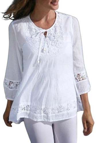 Blusa de lino para mujer, de verano, informal, holgada, cuello redondo, mangas 3/4, blusas de encaje, blusas tipo túnica para mujer, blanco, L