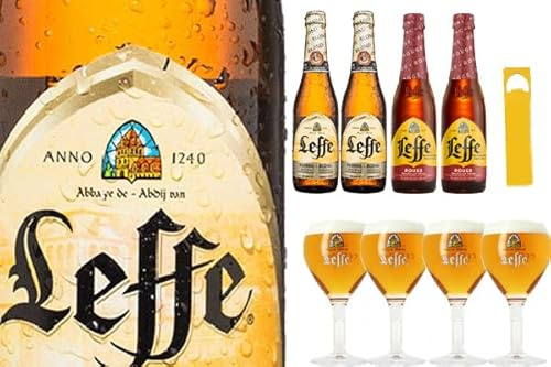 Leffe Birra mini Kit Duo Leffe Birra Blonde e Leffe Rouge, 4 x 33 cl + 4 calici 0,25 + 1 apri bottiglia!! (NORMAL, CLASSICO)