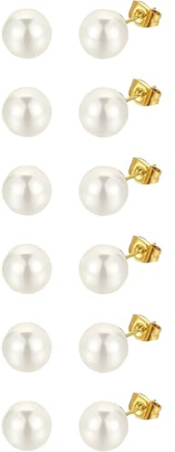Pearl Stud Earrings Kit 6 Pairs Gold Hypoallergenic Stainless Steel Earring Stacks Nickel Free Jewelry Trendy Set for Sensitive Ears Women Ladies 6 MM