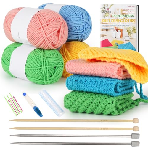 Aeelike Knitting Kit - Knitting for Beginners Kit - Make Your Own Dishcloth - Knitting Starter Kit for Adults with Yarn, Instructions and 25cm Metal & Bamboo Needles - Knitting Gift Set for Knitters